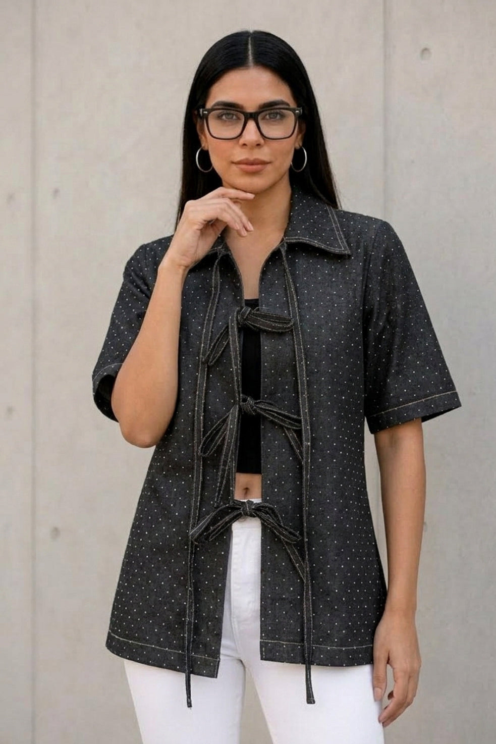 Cosmic Black Denim Tie-Up Shirt