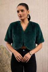 Green Cropped Faux Fur Jacket