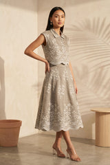Beige Bloom Embroidered Skirt Set