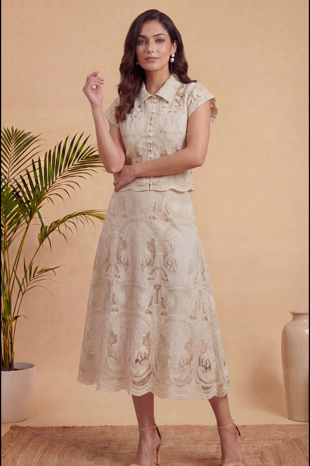Vedika Kejriwal In Our Ivory Palm Lace Skirt Set