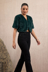 Green Cropped Faux Fur Jacket
