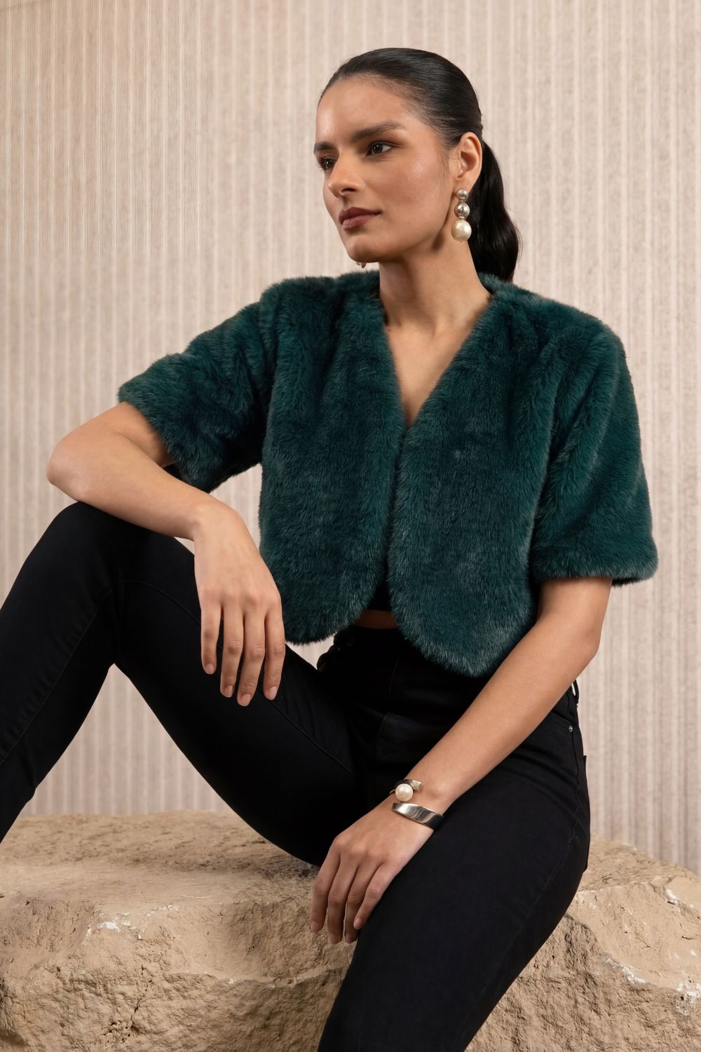 Green Cropped Faux Fur Jacket