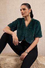 Green Cropped Faux Fur Jacket