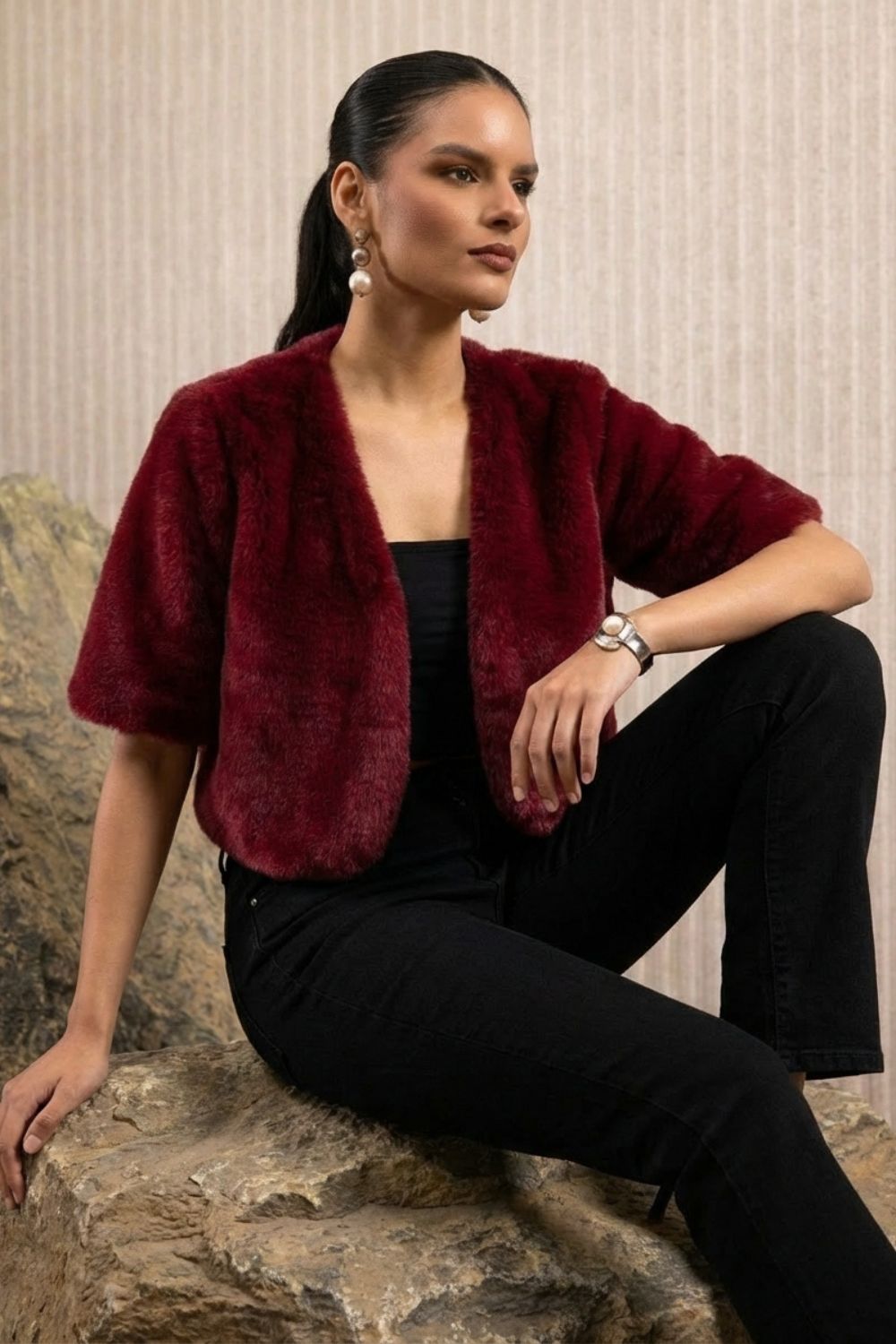 Red Cropped Faux Fur Jacket