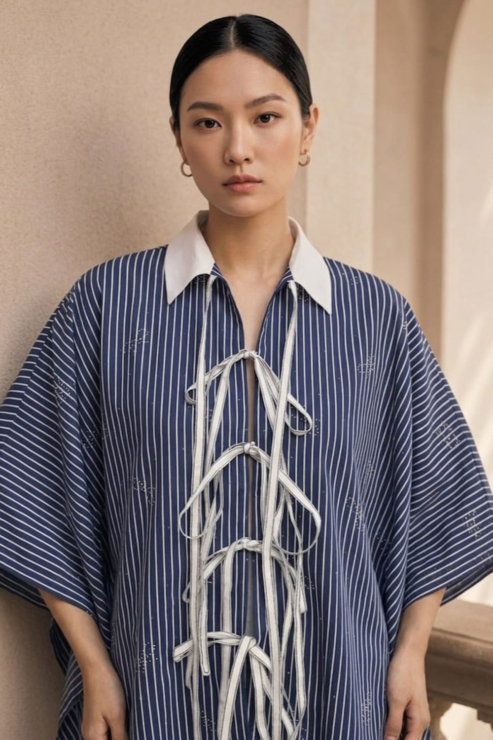 Navy Tie Up Pinstripe Shirt