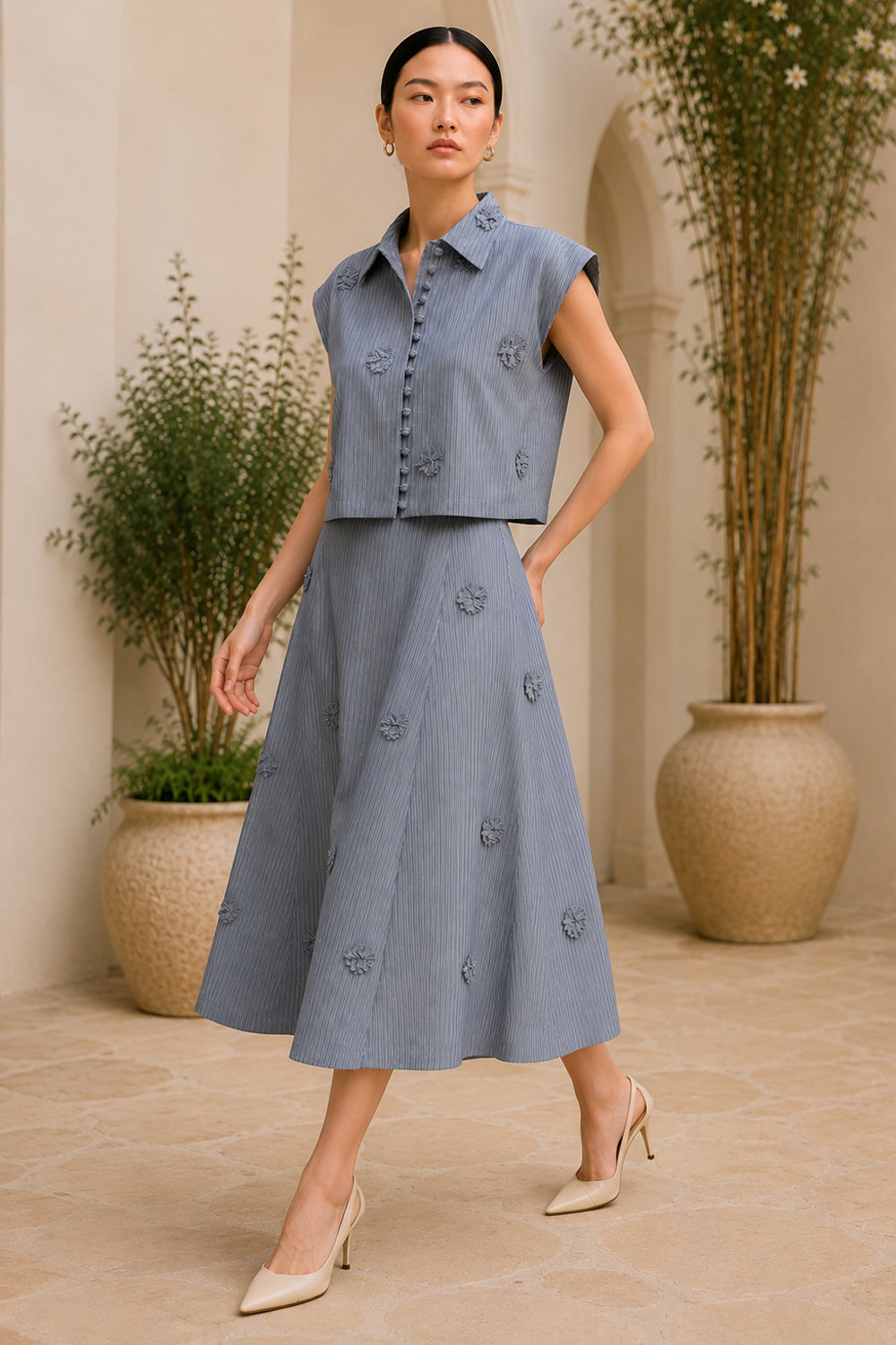 Slate Bloom Pinstripe Skirt Set