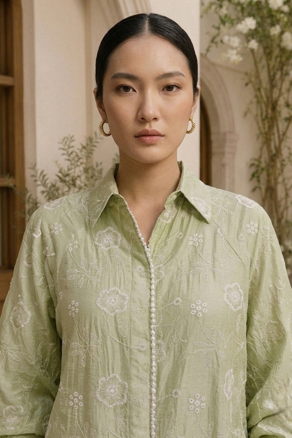 Sage Bloom Embroidered Shirt
