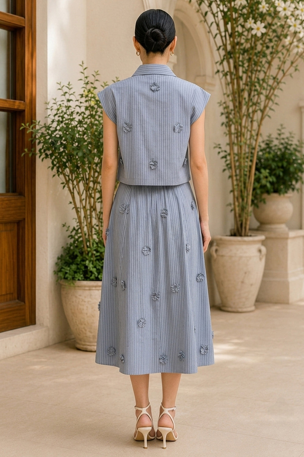 Slate Bloom Pinstripe Skirt Set