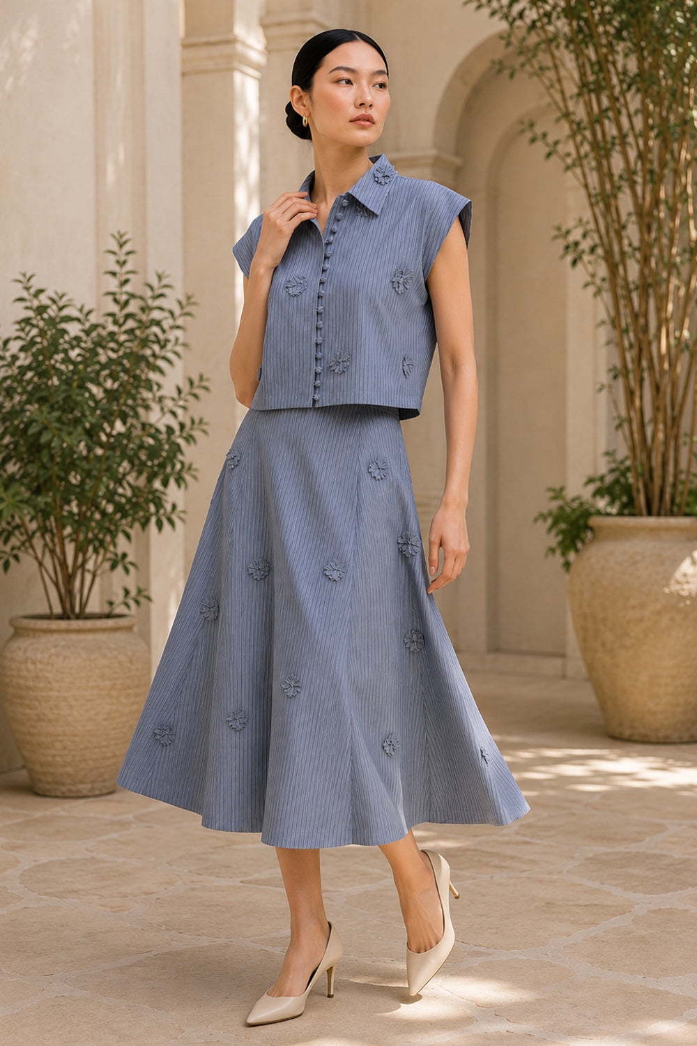 Slate Bloom Pinstripe Skirt Set