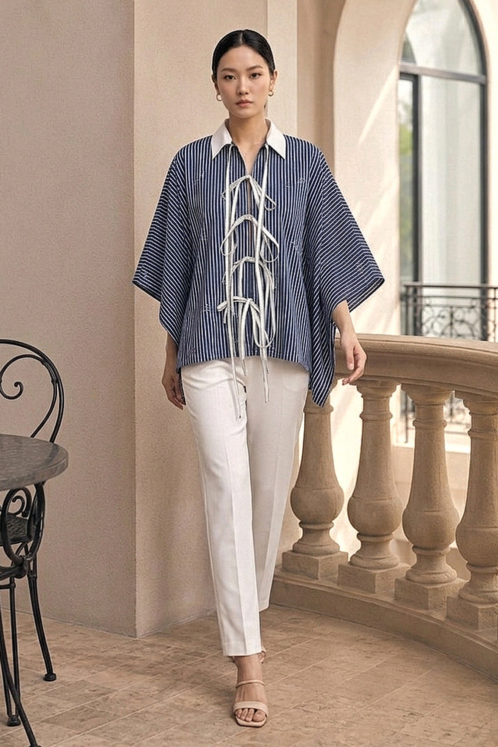 Navy Tie Up Pinstripe Shirt
