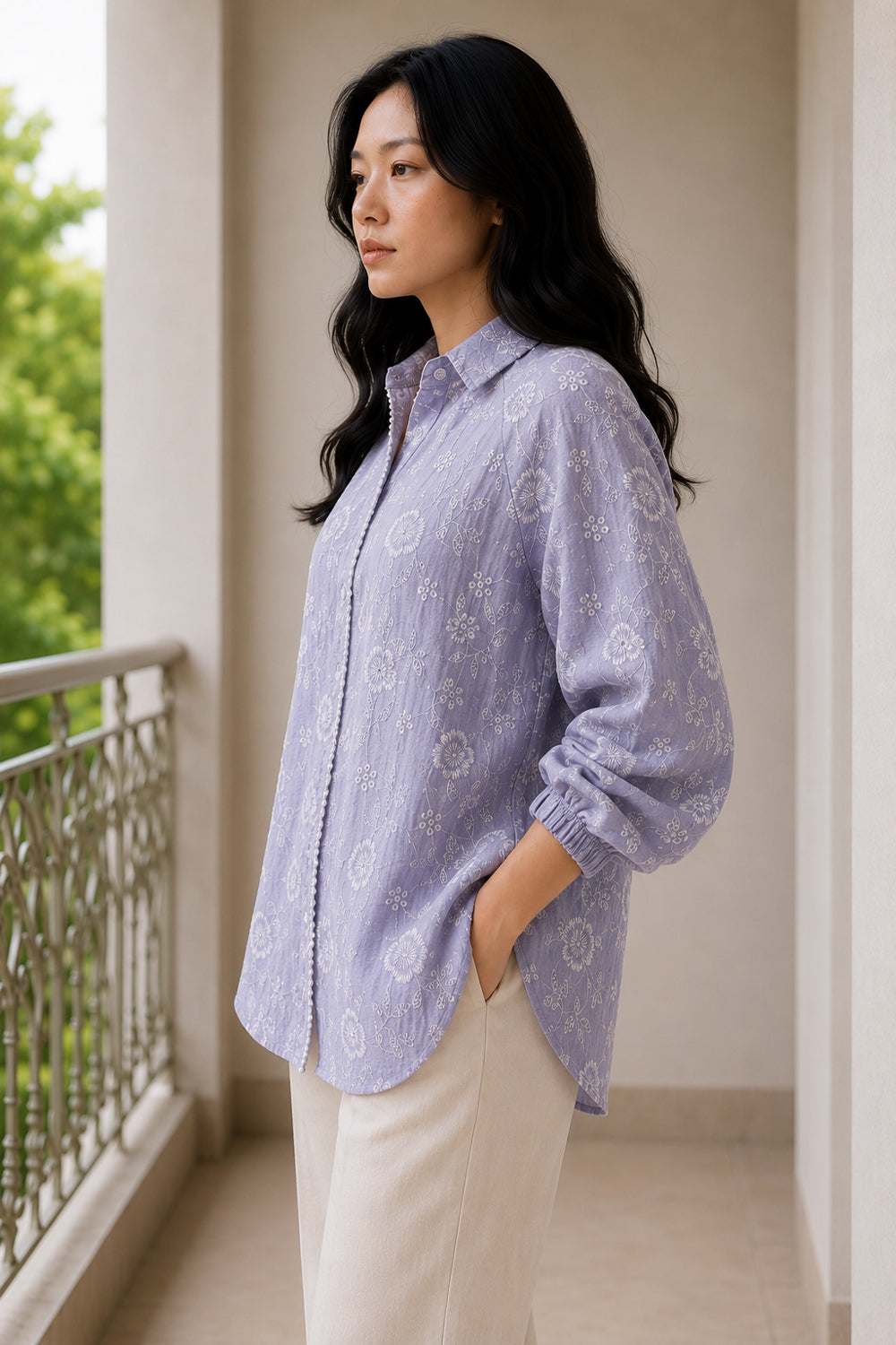 Lilac Bloom Embroidered Shirt