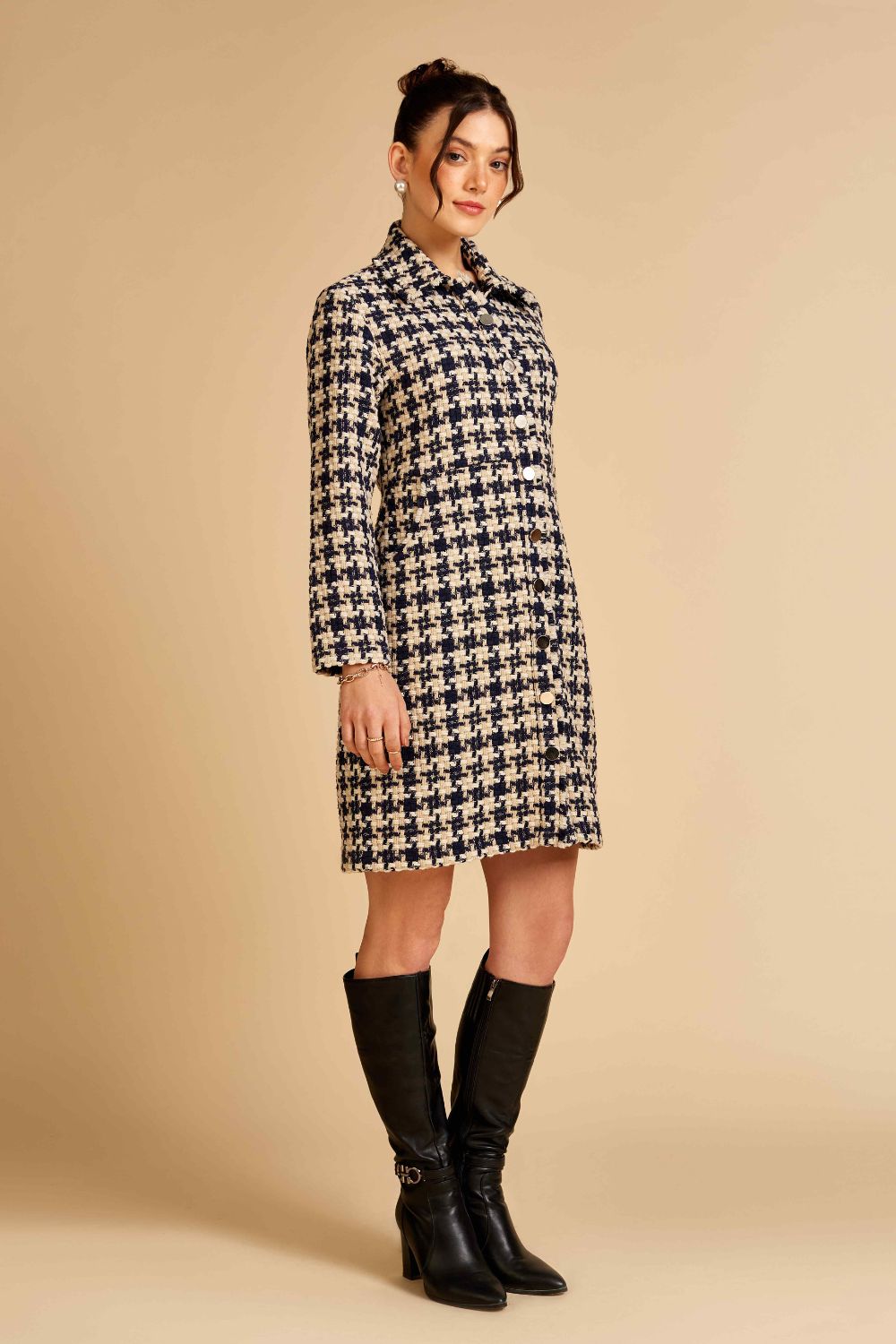 Navy Houndstooth Front Open Tweed Dress / Jacket
