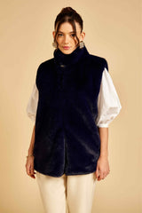 Navy Sleeveless Fur Jacket