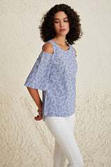 Check Floral Cold Shoulder Top