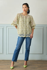 Pistachio Green Lace Button Down Blouse