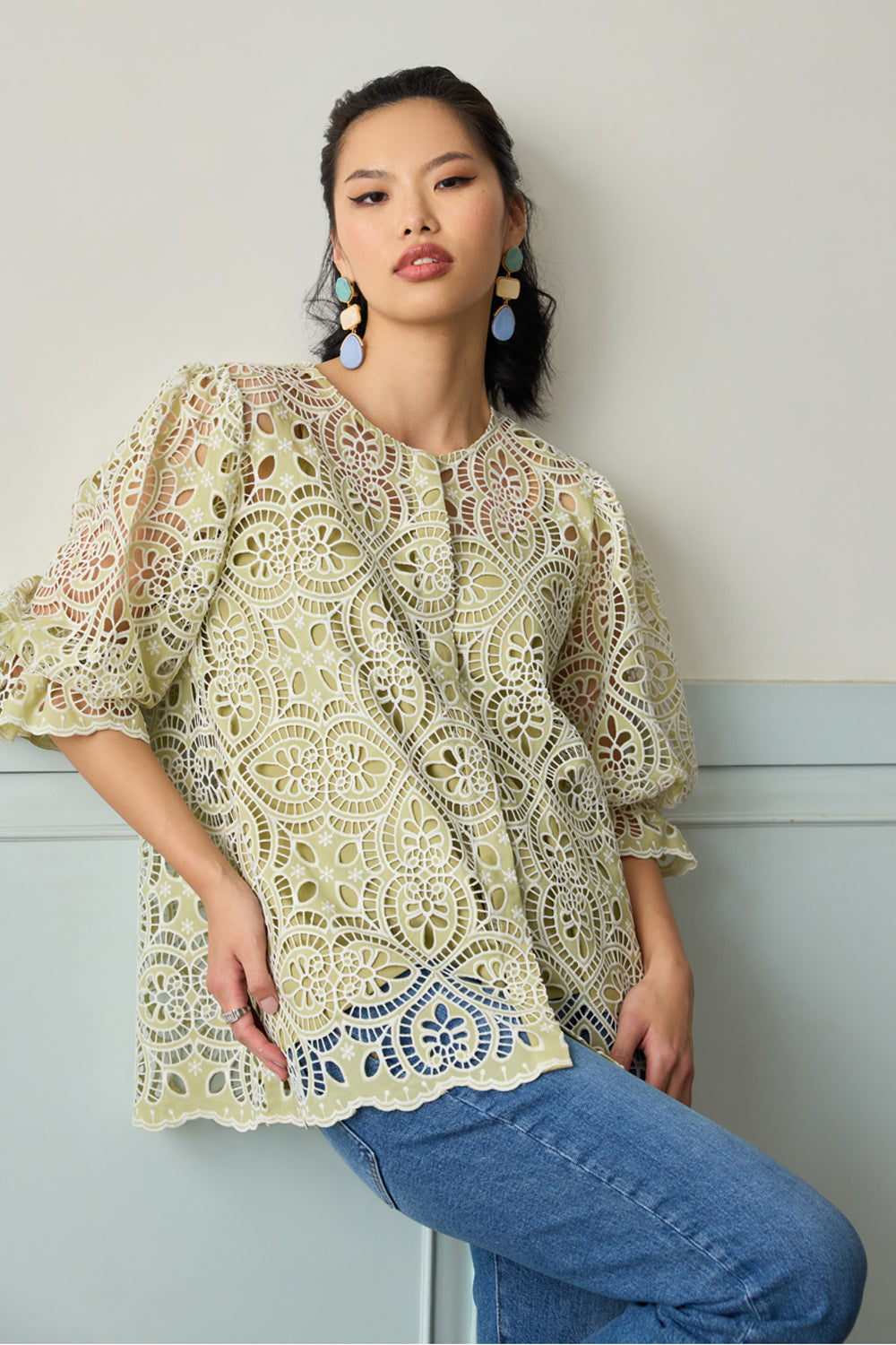 Pistachio Green Lace Button Down Blouse