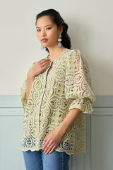 Pistachio Green Lace Button Down Blouse