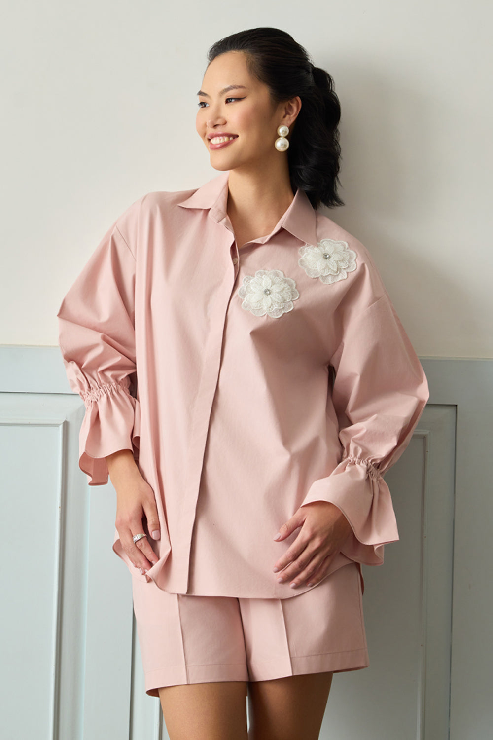 Blush Pink Petal Embroidered Shirt
