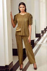 Olive Pleated Ruffle Co-Ord Set