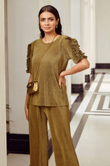 Olive Pleated Ruffle Co-Ord Set