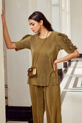 Olive Pleated Ruffle Co-Ord Set