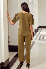 Olive Pleated Ruffle Co-Ord Set