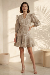 Beige Bloom Embroidered Tier Dress