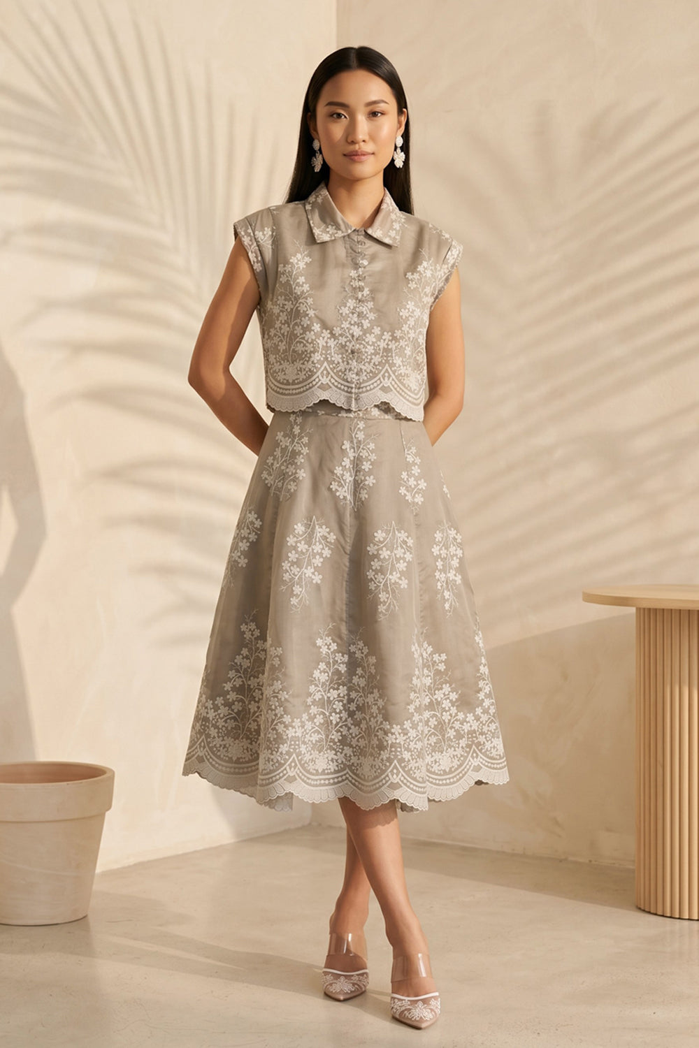 Beige Bloom Embroidered Skirt Set