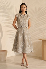 Beige Bloom Embroidered Skirt Set