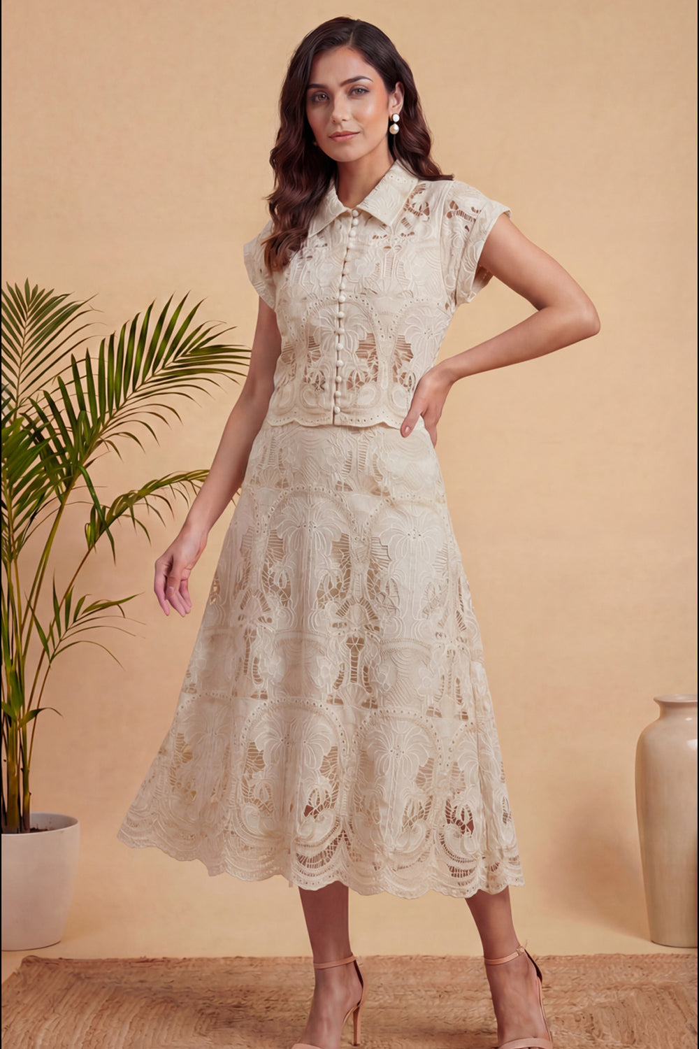 Vedika Kejriwal In Our Ivory Palm Lace Skirt Set