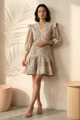 Beige Bloom Embroidered Tier Dress