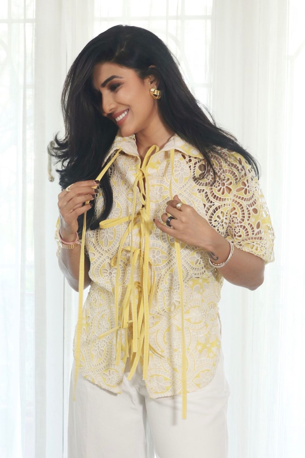 Bindya Talluri In Our Sunshine Lace Elegance Tie-up Top