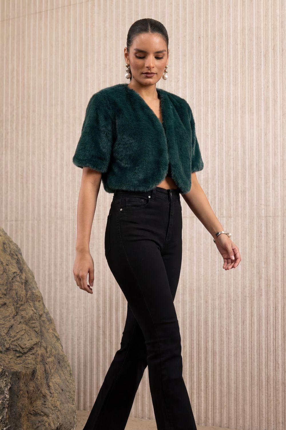 Green Cropped Faux Fur Jacket