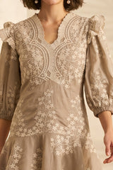 Beige Bloom Embroidered Tier Dress