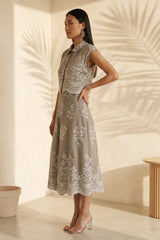Beige Bloom Embroidered Skirt Set