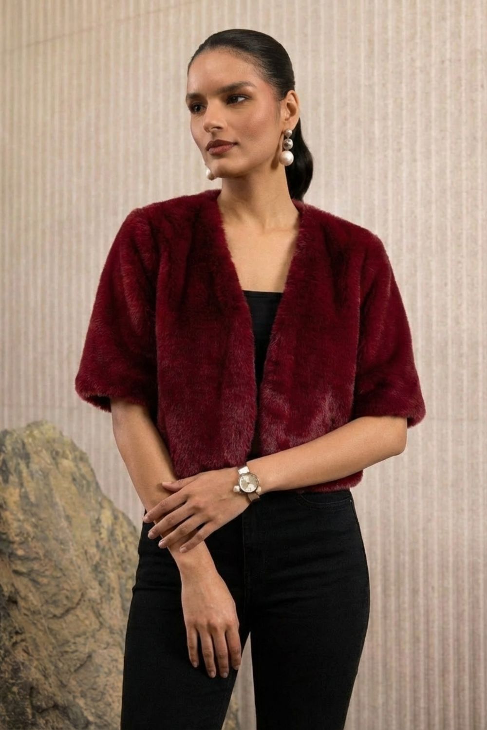 Red Cropped Faux Fur Jacket