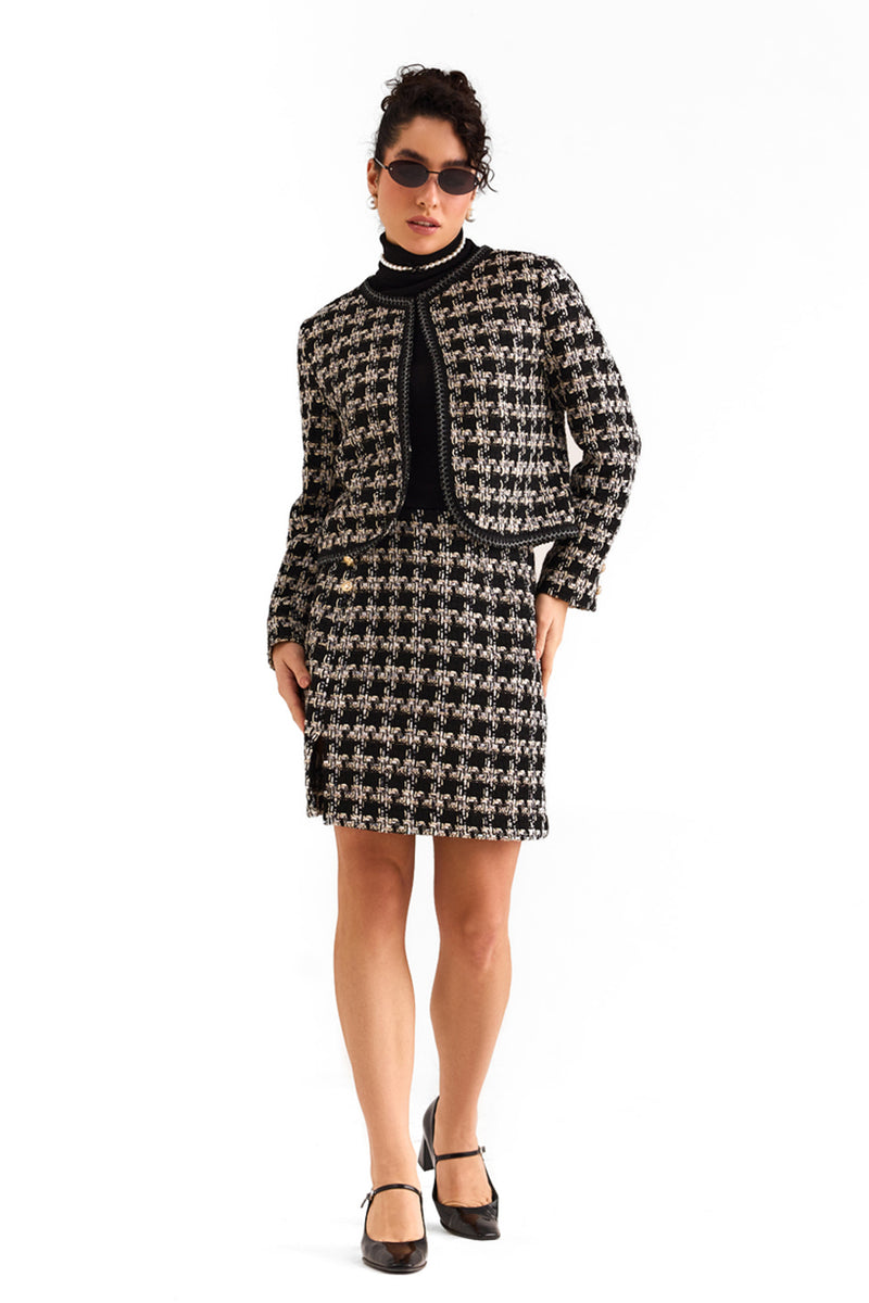 Black Houndstooth Boucle Jacket & Skirt