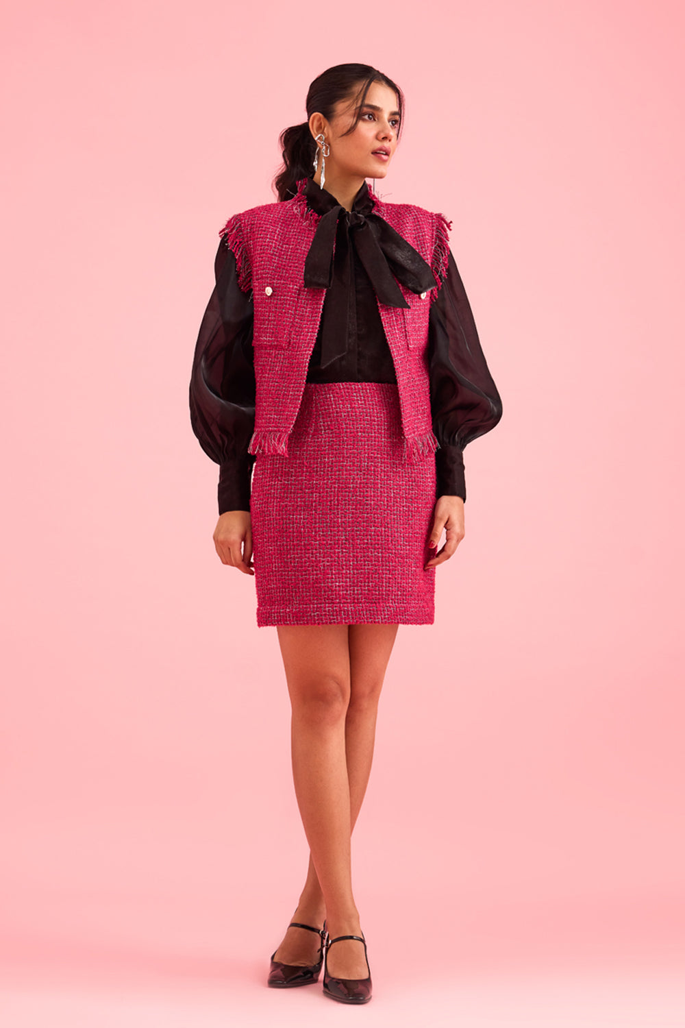 Karma Dhingra In Our Rasberry Pink Sleeveless Jacket & Skirt