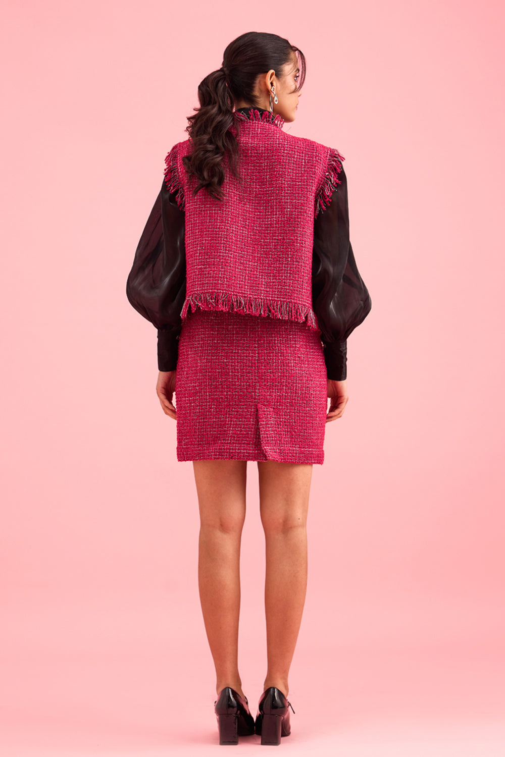 Karma Dhingra In Our Rasberry Pink Sleeveless Jacket & Skirt