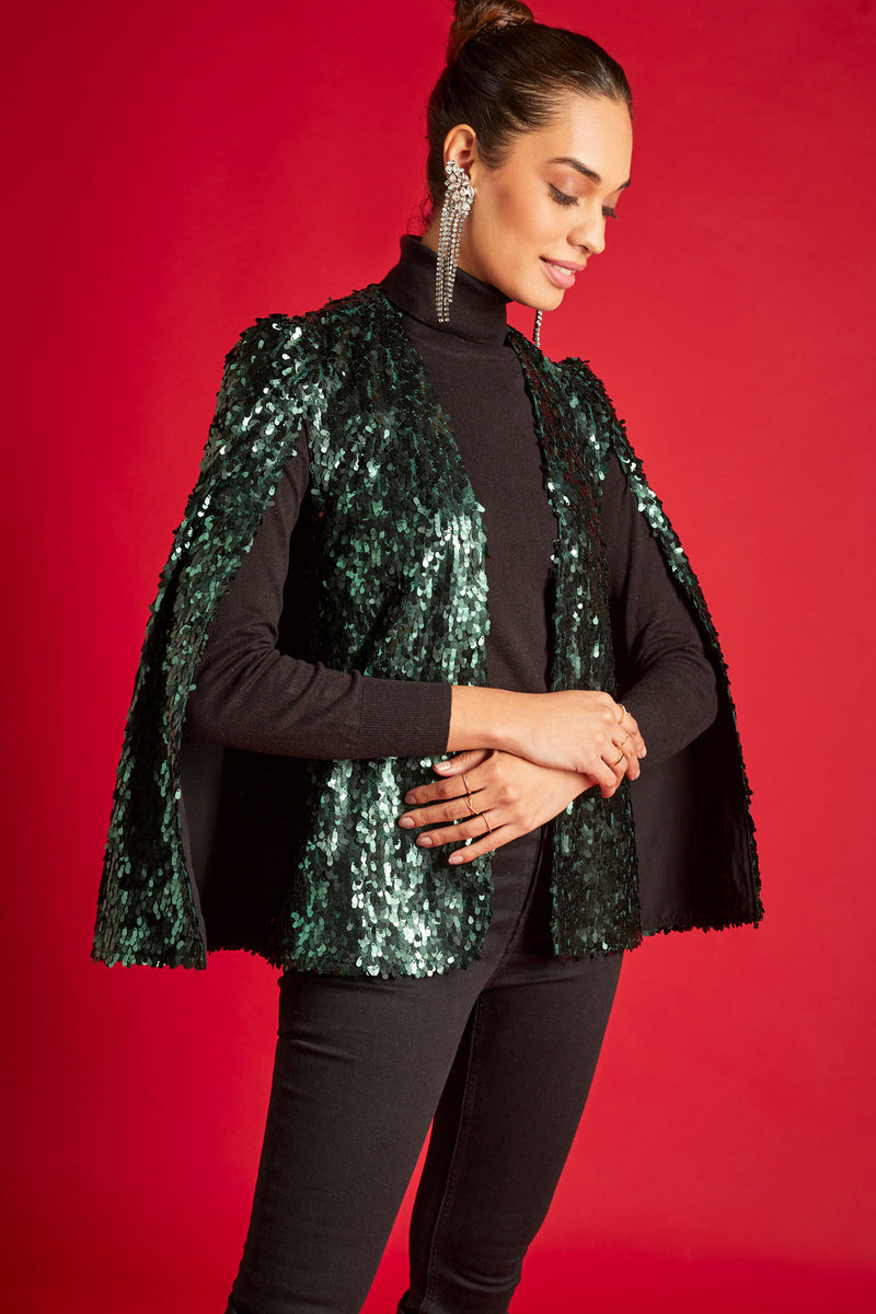 Siya Yadev In Our Green Sequin Statement Cape