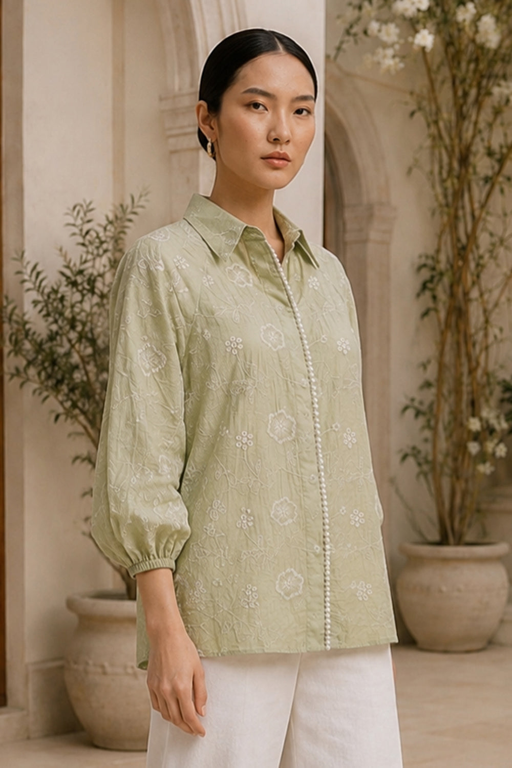 Sage Bloom Embroidered Shirt
