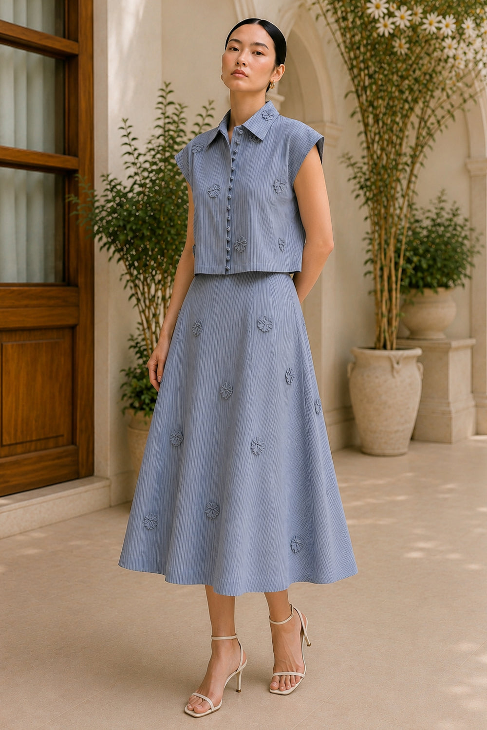 Slate Bloom Pinstripe Skirt Set