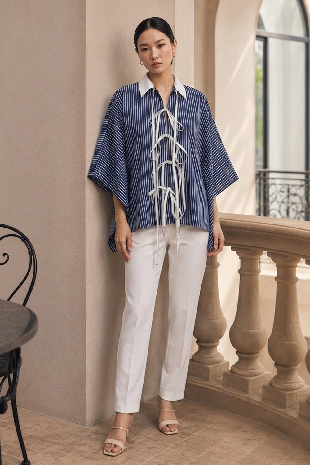 Navy Tie Up Pinstripe Shirt