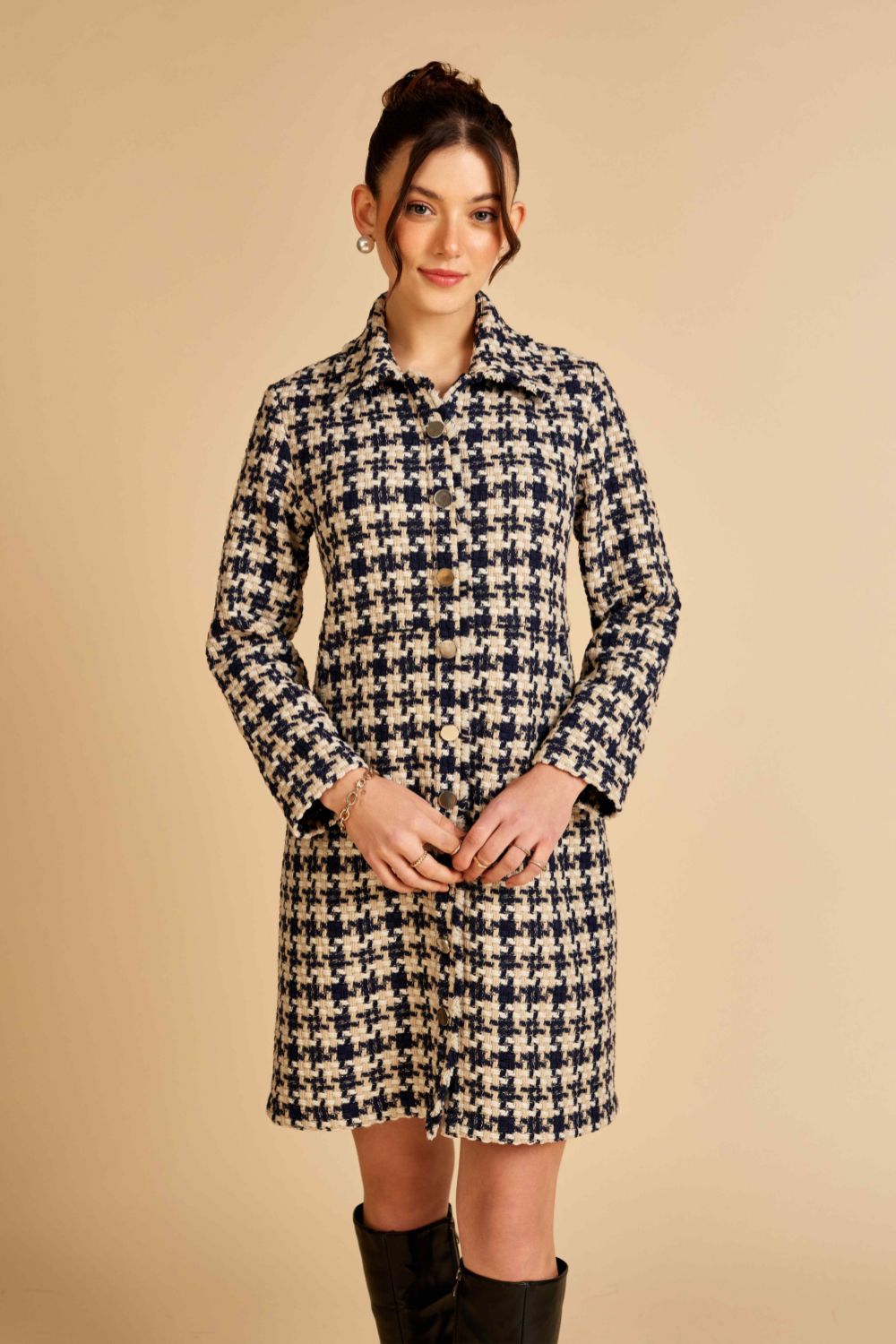 Navy Houndstooth Front Open Tweed Dress / Jacket