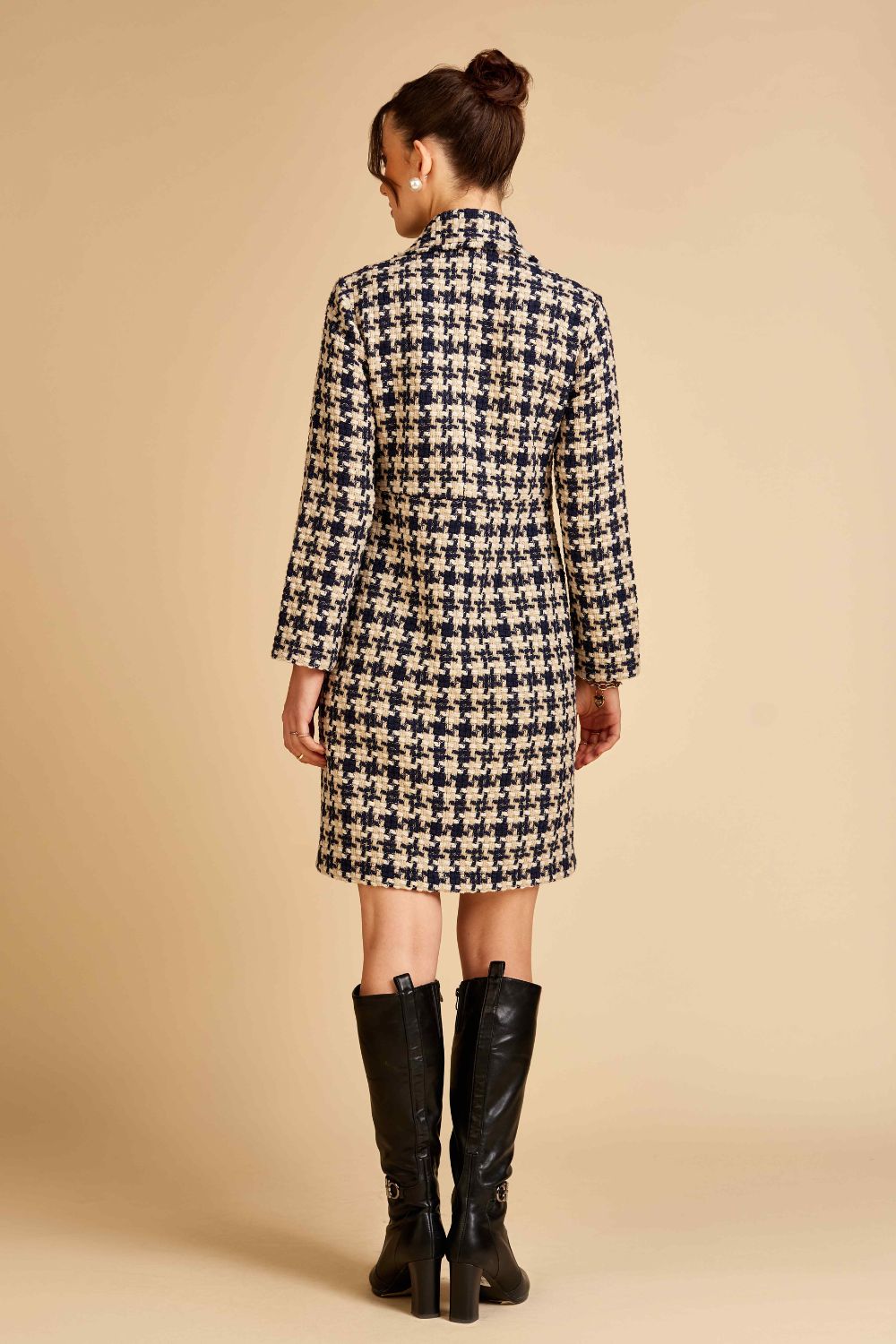 Navy Houndstooth Front Open Tweed Dress / Jacket