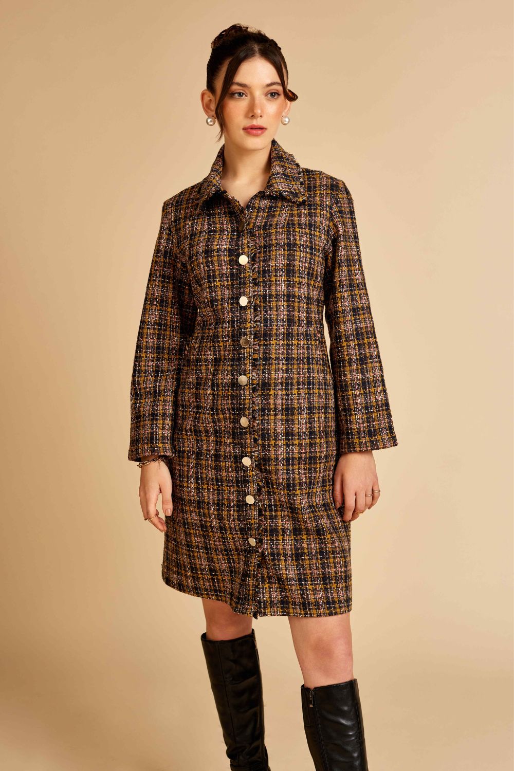 Brown Front Open Tweed Dress / Jacket