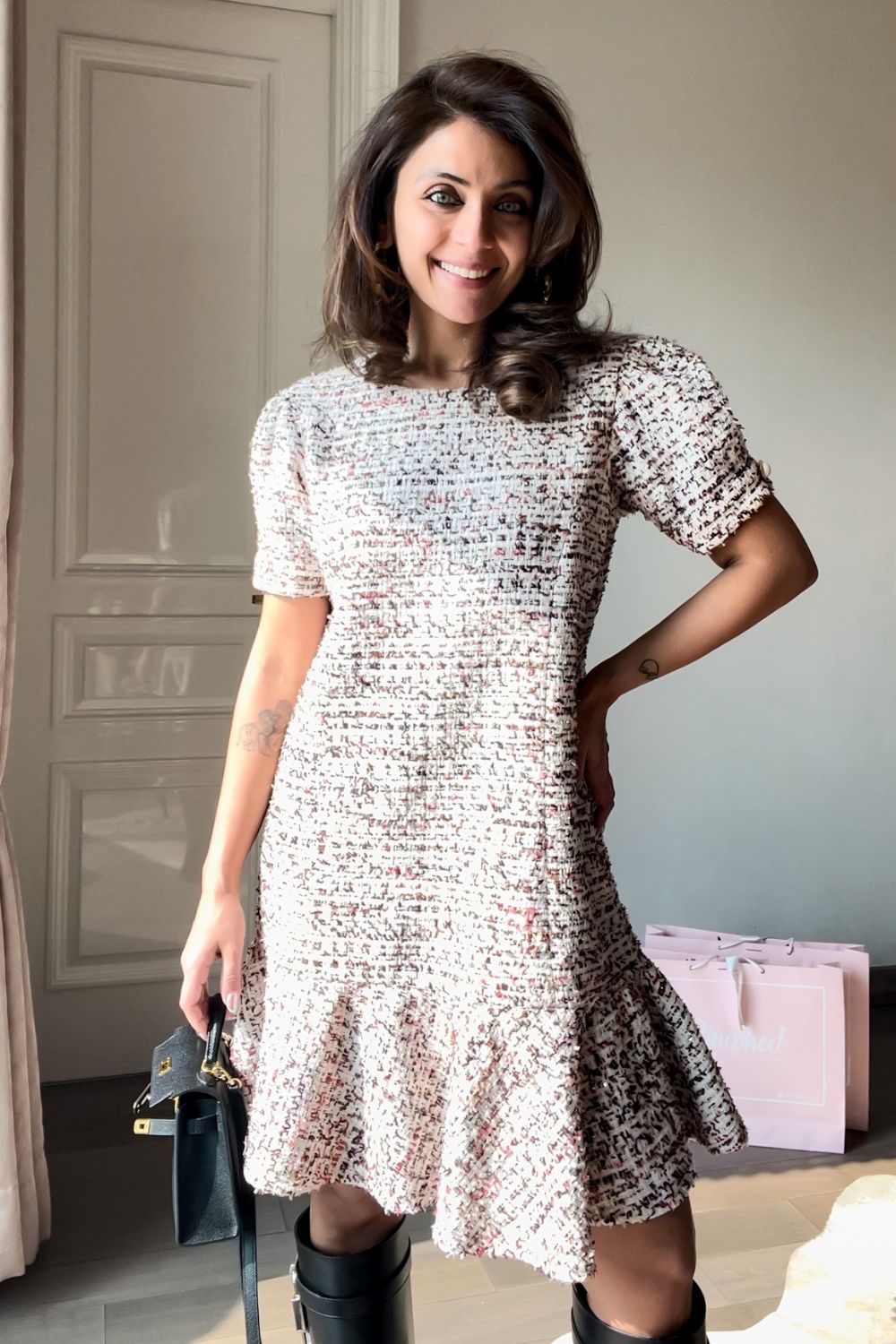 Nriti Shah In Our Mocha Majesty Tweed Dress
