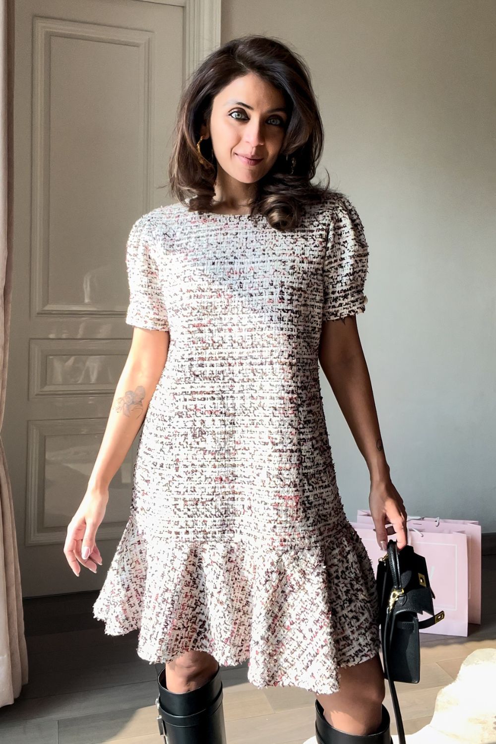 Nriti Shah In Our Mocha Majesty Tweed Dress