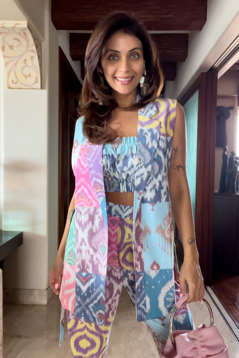 Nriti Shah In Our Block Pattern Vest Co-ord Set