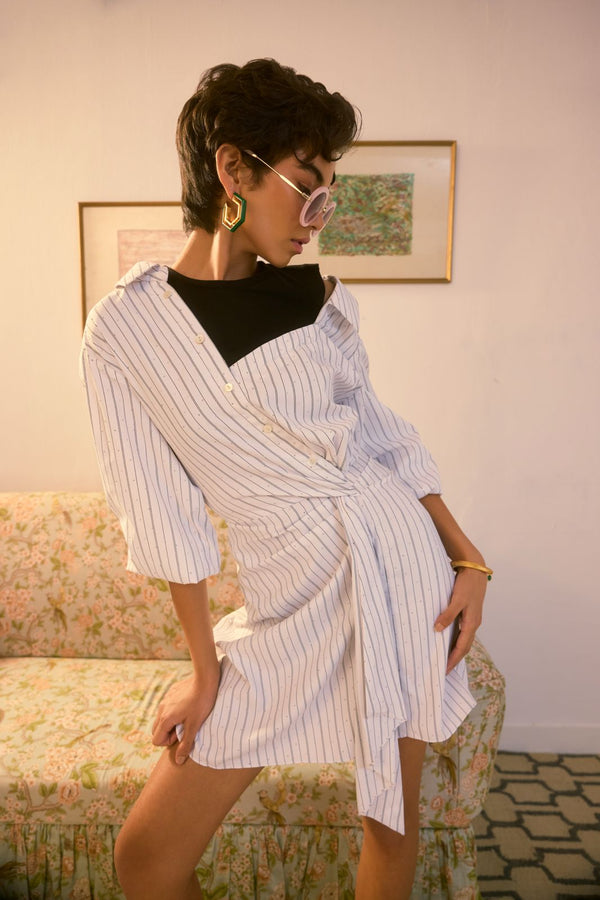 Pinstripe Asymmetric Wrap Dress